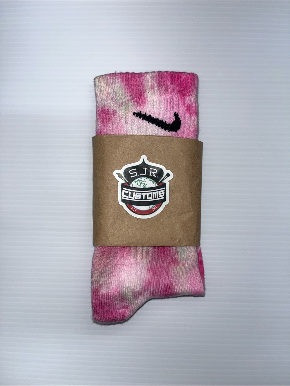 Nike Pink Tie-Dye Crew Socks with Black Swoosh